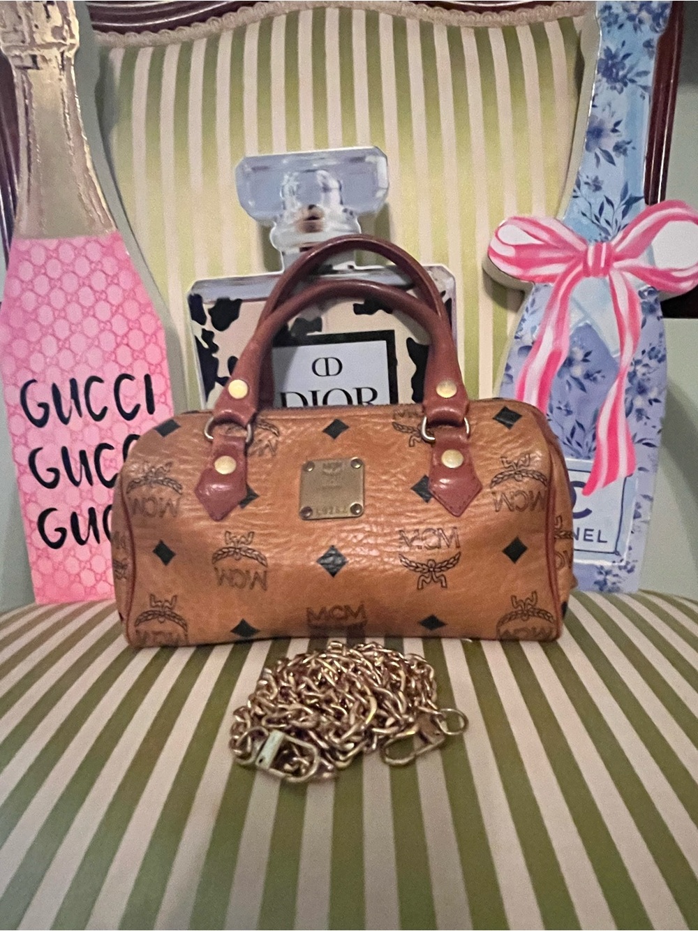 MCM Mini Cognac Visetos Barrel Satchel with Gold Chain